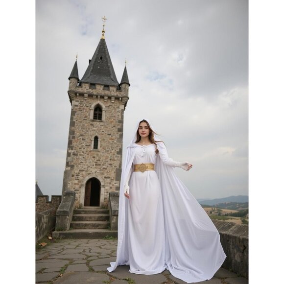White Witch Velvet Hooded Cloak Halloween Cape Queen King Renaissance Medieval - Picture 4 of 6